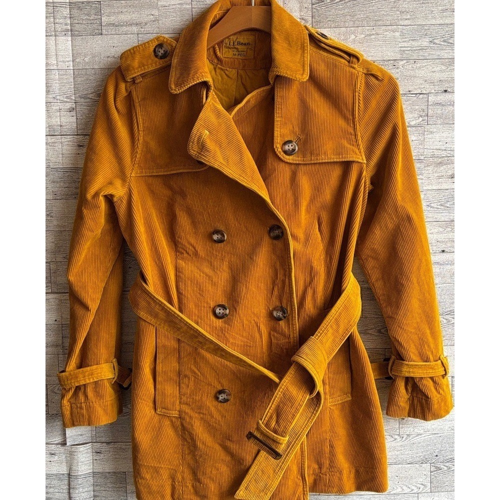 LL Bean Coat Corduroy Jacket Gold Belted Trench medium Festival Vintage Y2K